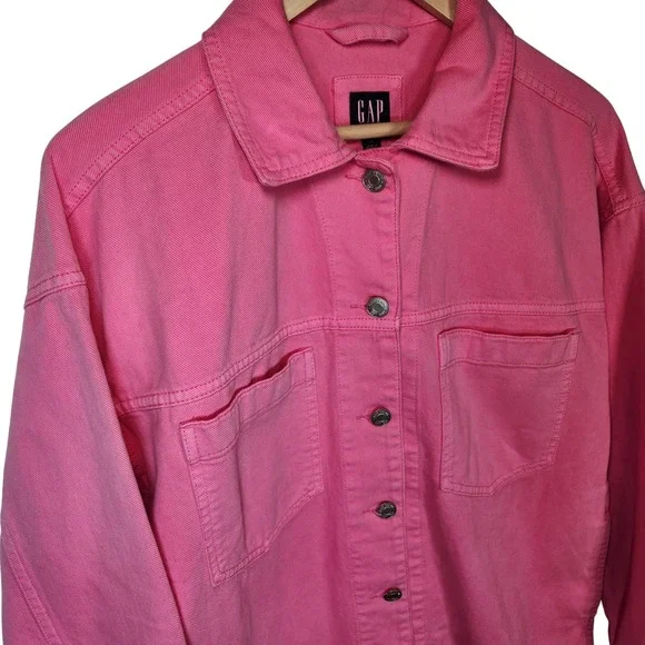 Y2K GAP Denim Jacket Pink Utility Button Oversized Trucker Cargo Streetwear XS - Picture 4 of 15